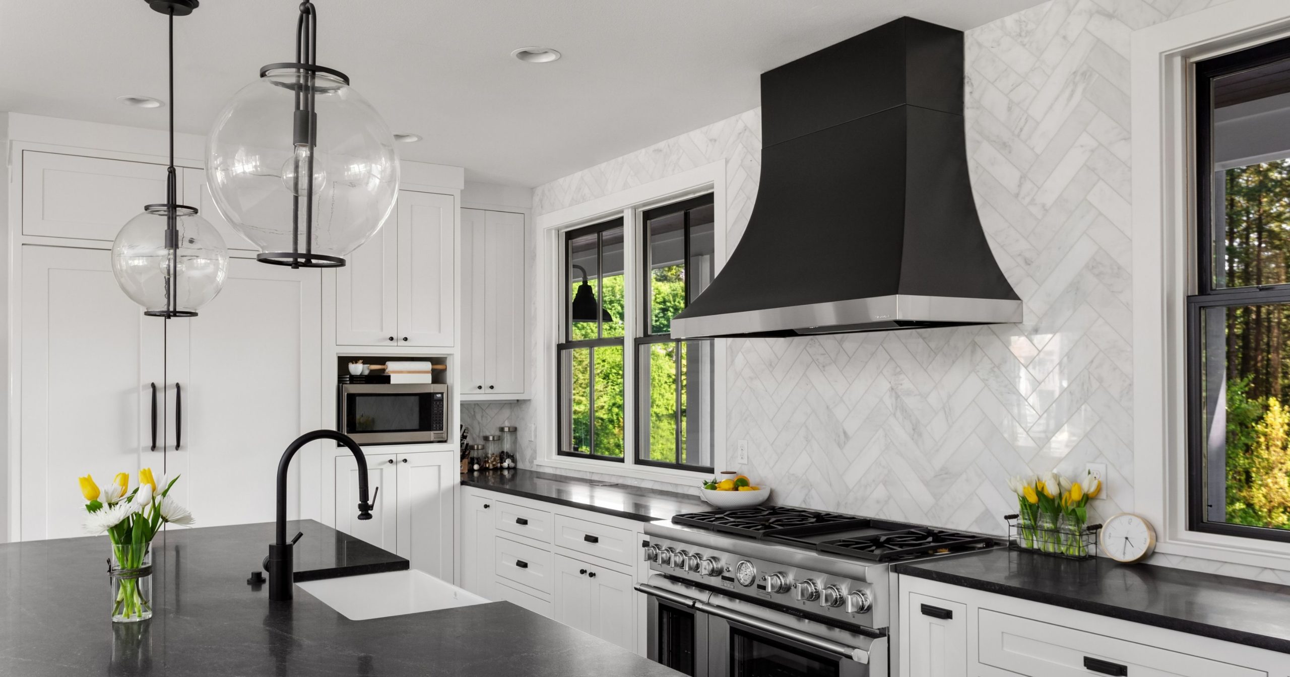 kitchen remodel with white and gray backsplash materials